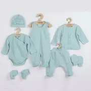 Set 7 piese, New Baby, Include body cu maneca lunga, bluza, pantalonasi cu botosei, salopeta fara maneci, caciulita, manusi, botosei, Marime 56, Din bumbac 100%, I am Blue BYN49100