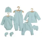 Set 7 piese, New Baby, Include body cu maneca lunga, bluza, pantalonasi cu botosei, salopeta fara maneci, caciulita, manusi, botosei, Marime 56, Din bumbac 100%, I am Blue BYN49100