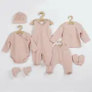 Set 7 piese, New Baby, Include body cu maneca lunga, bluza, pantalonasi cu botosei, salopeta fara maneci, caciulita, manusi, botosei, Marime 56, Din bumbac 100%, I am Pink BYN49099