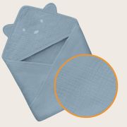 Prosop de baie, Lionelo, Cu gluga, Din muselina, 100% bumbac, 80x80 cm, Absorbtie eficienta, Albastru BYNLO-MUSLIN_HOODED_TOWEL_GREY_SKY
