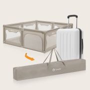 Tarc de joaca copii, Lionelo, Willow XL,180 x 200 cm, Pliere compacta, Include geanta de transport, Din plasa, Cu doua intrari laterale si fermoar, Cu ventuze pentru stabilitate, Conform cu EN 12227:2010, Bej BYNLO-WILLOW_XL_BEIGE_SAND