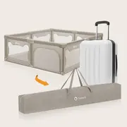 Tarc de joaca copii, Lionelo, Willow XL,180 x 200 cm, Pliere compacta, Include geanta de transport, Din plasa, Cu doua intrari laterale si fermoar, Cu ventuze pentru stabilitate, Conform cu EN 12227:2010, Bej BYNLO-WILLOW_XL_BEIGE_SAND