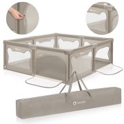 Tarc de joaca copii, Lionelo, Willow XL,180 x 200 cm, Pliere compacta, Include geanta de transport, Din plasa, Cu doua intrari laterale si fermoar, Cu ventuze pentru stabilitate, Conform cu EN 12227:2010, Bej BYNLO-WILLOW_XL_BEIGE_SAND