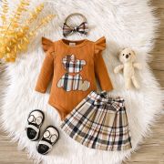 Costumas cu body maro si fustita in carouri - teddy mdhmm-352-r2