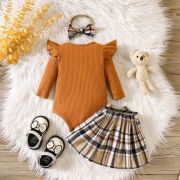 Costumas cu body maro si fustita in carouri - teddy mdhmm-352-r2