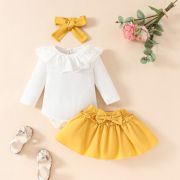Costumas cu body alb si fustita galben mustar cshmm-338-r2