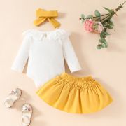 Costumas cu body alb si fustita galben mustar cshmm-338-r2