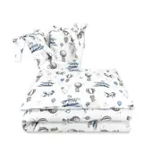 Lenjerie patut cu 3 piese, MimiNu, Pentru patut 120x60 cm, Cu protectie laterala, Din bumbac certificat Oeko Tex Standard 100, Blue Plane BYN6426972025591