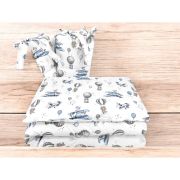 Lenjerie patut cu 3 piese, MimiNu, Pentru patut 120x60 cm, Cu protectie laterala, Din bumbac certificat Oeko Tex Standard 100, Blue Plane BYN6426972025591