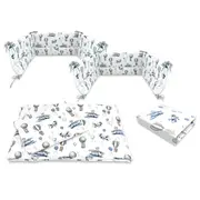 Lenjerie patut cu 5 piese, MimiNu, Cu cearceaf 120x60 cm, Pilota, Pernuta, 2 aparatori, Din bumbac certificat Oeko Tex Standard 100, Blue Plane BYN6426972026161