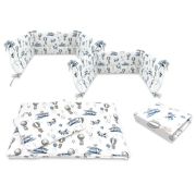 Lenjerie patut cu 5 piese, MimiNu, Cu cearceaf 120x60 cm, Pilota, Pernuta, 2 aparatori, Din bumbac certificat Oeko Tex Standard 100, Blue Plane BYN6426972026161