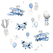Lenjerie patut cu 5 piese, MimiNu, Cu cearceaf 120x60 cm, Pilota, Pernuta, 2 aparatori, Din bumbac certificat Oeko Tex Standard 100, Blue Plane BYN6426972026161