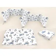 Lenjerie patut cu 5 piese, MimiNu, Cu cearceaf 120x60 cm, Pilota, Pernuta, 2 aparatori, Din bumbac certificat Oeko Tex Standard 100, Blue Plane BYN6426972026161