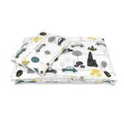 Lenjerie patut cu 5 piese, MimiNu, Cu cearceaf 120x60 cm, Pilota, Pernuta, 2 aparatori, Din bumbac certificat Oeko Tex Standard 100, Childrens Journey Grey BYN6426972026253