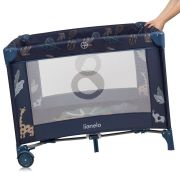 Tarc de joaca copii, Lionelo, Bonnie, Pana la 15 kg, 100 x 100 cm, Pliere compacta, Include geanta de transport, Din plasa, Cu intrare laterala cu fermoar, Cu roti, Cu salteluta din spuma, Conform cu EN12227, Albastru BYNLO-BONNIE_BLUE_NAVY
