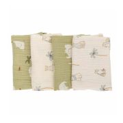 Set 4 lavete, Bubaba, Din muselina, Dimensiune 40x40 cm, Pentru spalarea si ingrijirea fetei si a corpului bebelusului dupa masa sau baita, Green/Beige BYN84508