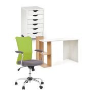 Set birou copii hm fino, pal melaminat, rafturi, stejar auriu/alb cu scaun hm andy verde, mesh, 102 kg si dulapior rulant hm simon 2, cu roti, front mdf, alb drm10333