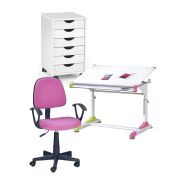 Set birou ergonomic hm collorido inaltime reglabila, unghi inclinare ajustabil, cu scaun hm darian bis roz, stofa, 80 kg si dulapior rulant hm simon 2, cu roti, front mdf, alb drm10326