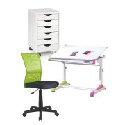 Set birou ergonomic hm collorido inaltime reglabila, unghi inclinare ajustabil, cu scaun hm dingo verde, mesh, 80 kg si dulapior rulant hm simon 2, cu roti, front mdf, alb drm10327