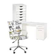Set mobilier birou copii hm lima b1, pal lucios, spatii depozitare, cu scaun hm ibis paris, stofa, 100 kg si dulapior rulant hm simon 2, cu roti, front mdf, alb drm10334