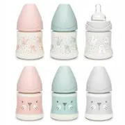 Biberon 150 ml cu tetină rotundă din silicon, debit lent, pisică gri Hygge Suavinex JEM8426420069052