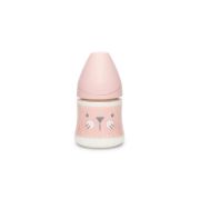 Biberon 150 ml cu tetină rotundă din silicon, debit lent, pisică roz Hygge Suavinex JEM8426420069069