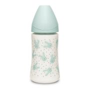 Biberon 270 ml cu tetină rotundă din silicon, 3 fluxuri, iepuraș verde Hygge Suavinex JEM8426420069137