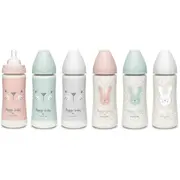 Biberon 360 ml cu tetină rotundă din silicon, debit dens, iepuraș verde Hygge Suavinex JEM8426420069250