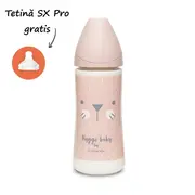 Biberon 360 ml ml cu tetină rotundă din silicon, debit dens, pisică roz Hygge Suavinex JEM8426420069304