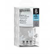 Biberon din sticlă 120 ml cu tetină rotundă din silicon, debit lent, iepuraș verde Hygge Suavinex JEM8426420068772