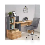 Set birou cu spatii depozitare hm grosso, rafturi, sertar, pal melaminat, 149x50x105 cm, stejar auriu/antracit si scaun copii hm rico, ergonomic, stofa tip catifea, 100 kg, gri drm10351