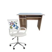 Set birou cu spatiu depozitare pentru scolari, pal melaminat, sertar, 2 rafturi, polita glisanta tastatura, fag si scaun hm ibis butterfly, stofa/piele ecologica, 100 kg, multicolor drm10344