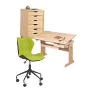 Set birou ergonomic hm julia inaltime reglabila, unghi inclinare ajustabil, cu scaun hm matrix negru/verde, stofa, 100 kg si dulapior rulant hm nils, cu roti, lemn, natur drm10329