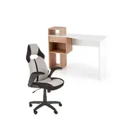 Set birou hm conti, rafturi, sertar, pal melaminat, 122x57x90 cm, stejar/alb si scaun copii hm bloom, stofa/mesh, mecanism de balans, cotiere rabatabile, gri/negru drm10347