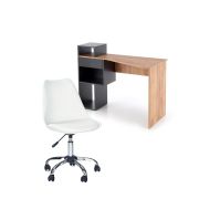 Set birou hm conti, rafturi, sertar, pal melaminat, 122x57x90 cm, stejar/gri si scaun pentru copii hm coco, piele ecologica, inaltime reglabila, 80 kg, alb drm10346