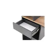 Set birou hm conti, rafturi, sertar, pal melaminat, 122x57x90 cm, stejar/gri si scaun pentru copii hm coco, piele ecologica, inaltime reglabila, 80 kg, alb drm10346