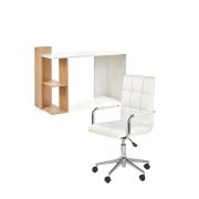 Set birou hm fino, 2 rafturi, pal melaminat, 122x57x85 cm, stejar auriu si scaun copii hm gonzo 2, ergonomic, tapitat cu piele ecologica, cu brate, 90 kg, alb drm10350