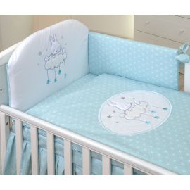 Set Lenjerie din bumbac, cu protectie laterala, pentru pat bebelusi, Sky Bunny Turquoise, 120 x 60 cm PJB68792
