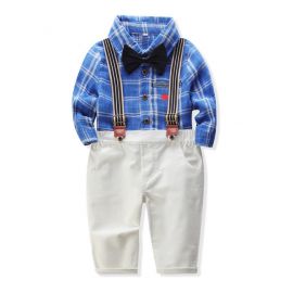 Costum pentru baietei cu papion si camasuta albastra (Marime Disponibila: 9-12 luni (Marimea 20 incaltaminte)) ADtzb0493-1-H8