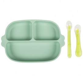 Set hranire bebe din silicon, 1 farfurie compartimentata cu ventuza, 2 lingurite marimi diferite, fara BPA, verde, KidsCare SUPKCF801V