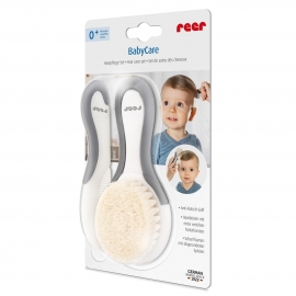 Set perie si pieptene ingrijire bebelusi, cu par natural de capra, alb cu gri, BabyCare Hair, Reer 81070