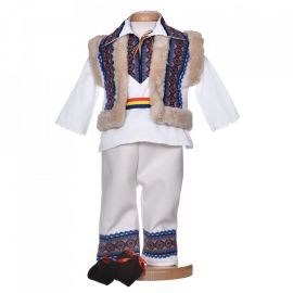 Costum popular pentru botez baietel, 5 piese, alb cu broderie albastra, Denikos® 1016 NIK5551