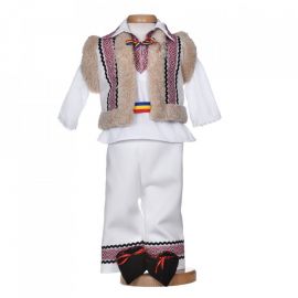 Costum popular pentru botez baietel, 5 piese, alb cu broderie rosie, Denikos® 1017 NIK5552