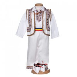 Costum traditional baietel, 5 piese, alb - maro, Denikos® 1012 NIK5547