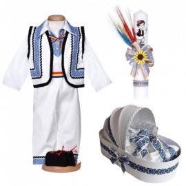 Set botez traditional baietel, trusou botez landou, lumanare si costum national, Denikos® C9292 NIK5542