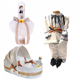 Set botez traditional baietel, trusou botez landou, lumanare si costum national baiat, Denikos® 969 NIK5398