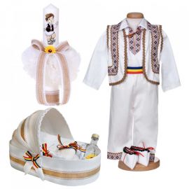 Set botez traditional baietel, trusou botez landou, lumanare si costum popular, Denikos® 1042 NIK5539