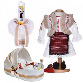 Set costum national fetita, trusou botez landou si lumanare, decor traditional, Denikos® 1051 NIK5511