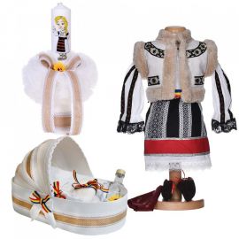 Set costum traditional fetita, trusou botez landou si lumanare, decor national, Denikos® 1052 NIK5512