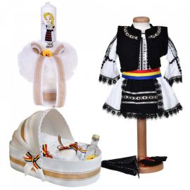 Set costum traditional fetita, trusou botez landou si lumanare, decor national, Denikos® 1055 NIK5530